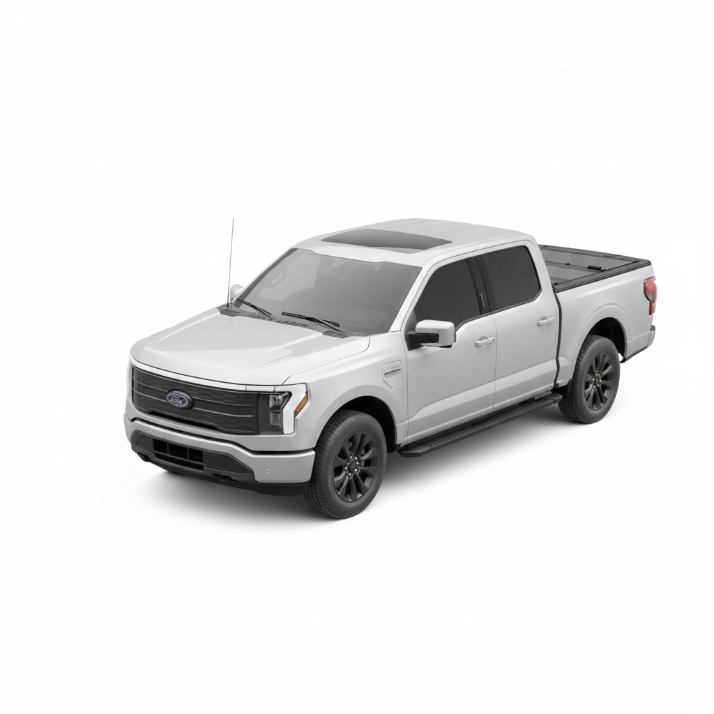 Ein silberner Ford Ranger T6 Lastwagen, aufgenommen aus einer Dreiviertel-Frontansicht vor einem sauberen weißen Hintergrund, mit einer BAKFlip MX4 EZ-LIFT-Ladeflächenabdeckung