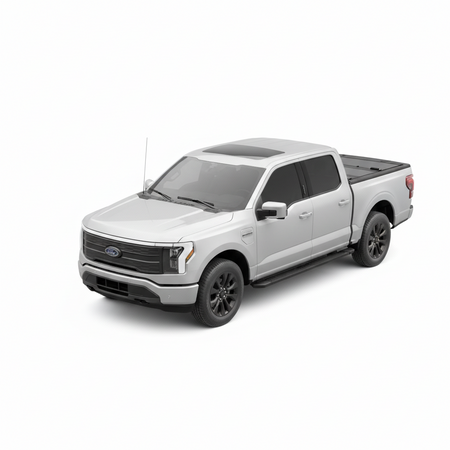 Ein silberner Ford Ranger T6 Lastwagen, aufgenommen aus einer Dreiviertel-Frontansicht vor einem sauberen weißen Hintergrund, mit einer BAKFlip MX4 EZ-LIFT-Ladeflächenabdeckung
