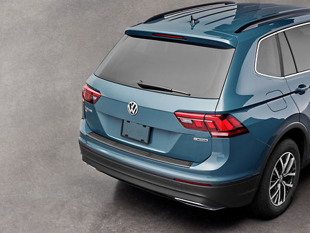 Blue Volkswagen SUV with WeatherTech rear bumper protector to stop scratches and damage
